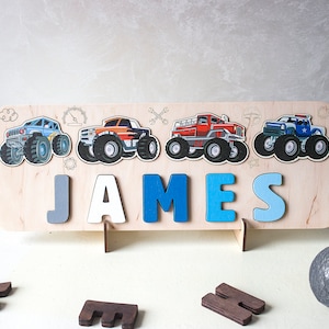 Kids Monster Car Puzzle, Birthday Gift, Wood Toddlers Toys, Christmas Gift for Boy, Baby Shower, Wood Montessori Toys, Nursery Decor Set 1