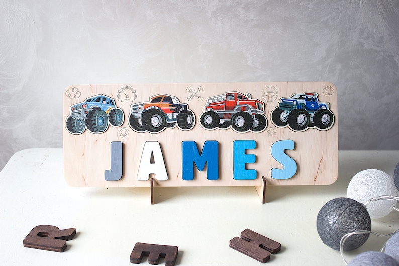 Kids Monster Car Puzzle, Birthday Gift, Wood Toddlers Toys, Christmas Gift for Boy, Baby Shower, Wood Montessori Toys, Nursery Decor Set 1