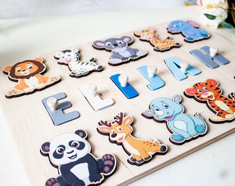 Baby Name Puzzle with Animals, 1st Birthday Gift, Easter Gifts, Wooden Animal Toys, Baby Shower, Nursery Decor, Wood Montessori Toys