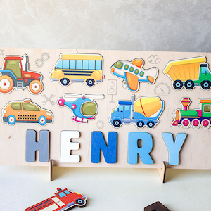 Baby Boy Name Puzzle, Christmas Gifts, Birthday Baby Gifts, Toddler Busy Board, Wooden Montessori Toys, Transportation kids puzzle