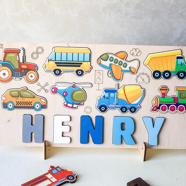Baby Boy Name Puzzle, Christmas Gifts, Birthday Baby Gifts, Toddler Busy Board, Wooden Montessori Toys, Transportation kids puzzle