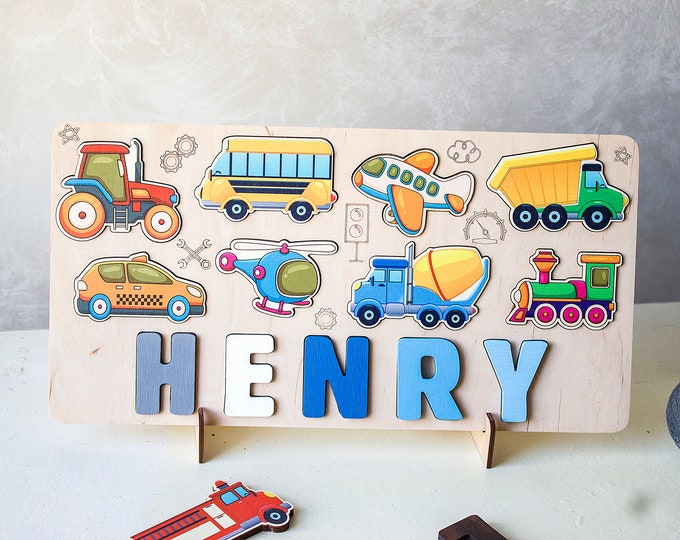 Baby Boy Name Puzzle, Christmas Gifts, Birthday Baby Gifts, Toddler Busy Board, Wooden Montessori Toys, Transportation kids puzzle