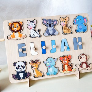 Tiere Holznamenspuzzle, Busy Board Puzzle, Kleinkindspielzeug, personalisiertes Geschenk für Baby, Montessori-Holzspielzeug, Geburtstags-Babygeschenke
