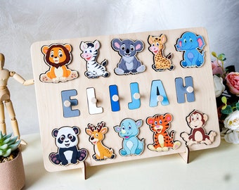 Animals Wooden Name Puzzle, Busy Board Puzzle, Toddler Toys, Personalized Gift for Baby, Wooden Montessori Toys, Birthday Baby Gifts