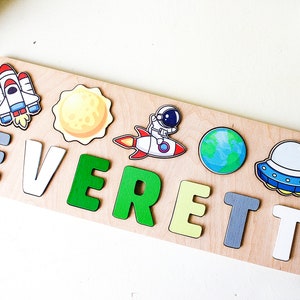 Space name puzzle, Birthday gift, Personalized astronaut baby puzzle, Educational toy planets, Custom kids spaceship gift