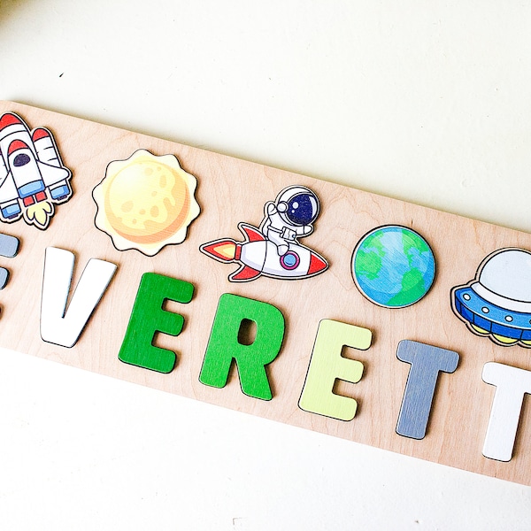 Space name puzzle, Birthday gift, Personalized astronaut baby puzzle, Educational toy planets, Custom kids spaceship gift