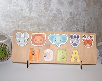 Baby girl gifts, Personalized baby name puzzle, Birthday gift, Toddler wooden animals puzzle, Custom Baby shower gift