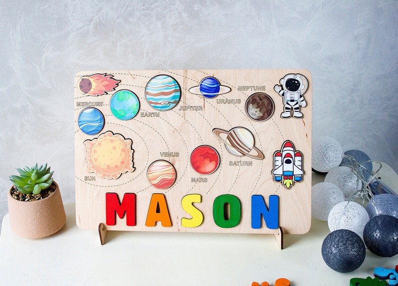 Wooden space name puzzle Personalized solar system baby boy gift 1st 2nd 3rd Birthday gift Educational toy with planets Toddler name puzzle image 3