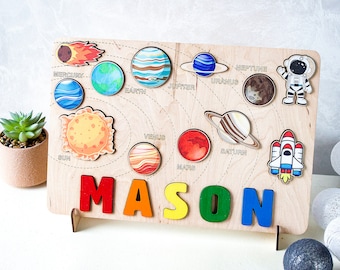 Wooden space name puzzle Personalized solar system baby boy gift 1st 2nd 3rd Birthday gift Educational toy with planets Toddler name puzzle