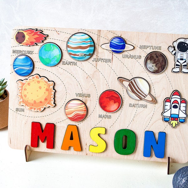 Wooden space name puzzle Personalized solar system baby boy gift 1st 2nd 3rd Birthday gift Educational toy with planets Toddler name puzzle