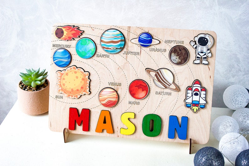 Wooden space name puzzle Personalized solar system baby boy gift 1st 2nd 3rd Birthday gift Educational toy with planets Toddler name puzzle Set 1