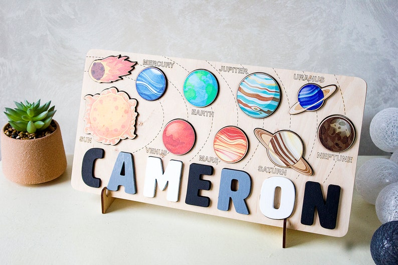 Wooden space name puzzle Personalized solar system baby boy gift 1st 2nd 3rd Birthday gift Educational toy with planets Toddler name puzzle image 9