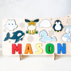Arctics Baby Name Puzzle, Baby Shower, 1 2 3 Birthday Gift, New Baby Girl or Boy Gift, Christmas Gifts for Kids, Custom Animals Toddler Toys