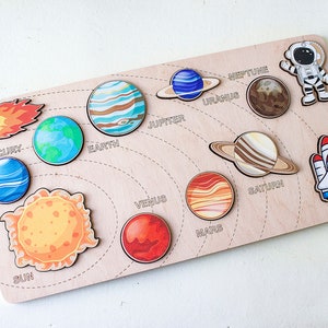 Solar System Toy, Wooden Space Puzzle, Planets Board Game, Birthday Gift, Children Toy with Planets, Toddler puzzle