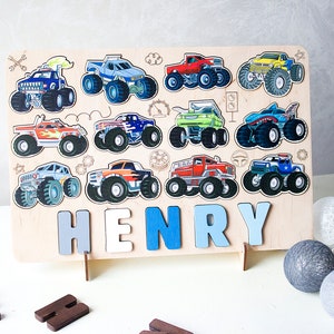 Kids Monster Car Puzzle, Birthday Gift, Wood Toddlers Toys, Christmas Gift for Boy, Baby Shower, Wood Montessori Toys, Nursery Decor Set 4