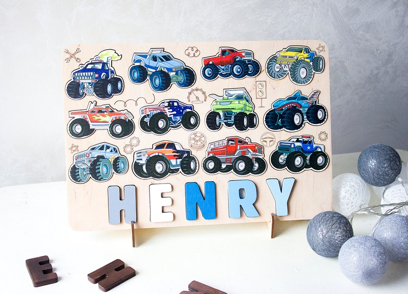 Kids Monster Car Puzzle, Birthday Gift, Wood Toddlers Toys, Christmas Gift for Boy, Baby Shower, Wood Montessori Toys, Nursery Decor Set 4