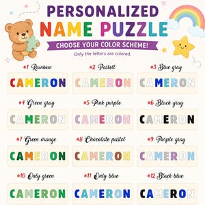 Op de afbeelding: Een gepersonaliseerde naampuzzelkaart met een bruine teddybeer, een regenboog en een gele ster. De tekst luidt PERSONALIZED NAME PUZZLE en CHOOSE YOUR COLOR SCHEME. Twaalf genummerde opties tonen de naam CAMERON in verschillende kleurencombinaties.