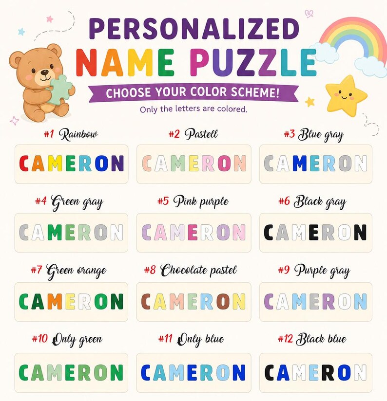 Op de afbeelding: Een gepersonaliseerde naampuzzelkaart met een bruine teddybeer, een regenboog en een gele ster. De tekst luidt PERSONALIZED NAME PUZZLE en CHOOSE YOUR COLOR SCHEME. Twaalf genummerde opties tonen de naam CAMERON in verschillende kleurencombinaties.