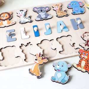 Personalized Safari Animals Name Puzzle, Wooden Baby Toy - Etsy