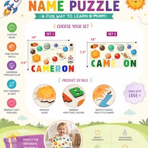Op de afbeelding: Een gepersonaliseerde naampuzzel met een ruimtethema met planeten en een raket. Set 1 meet 35,56 cm bij 24,38 cm en set 2 meet 35,56 cm bij 18,54 cm. De puzzel bevat kleurrijke houten letters die de naam CAMERON spellen.