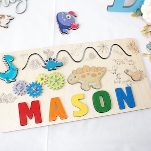 Dinosaur Montessori Puzzle Board, Personalized Baby Name Puzzle, Wooden Busy Board, Shower Gift, First Christmas Gift, Sensory Activity Toys image 5
