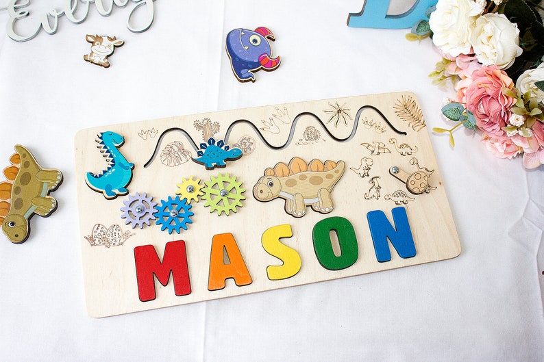 Dinosaur Montessori Puzzle Board, Personalized Baby Name Puzzle, Wooden Busy Board, Shower Gift, First Christmas Gift, Sensory Activity Toys image 5