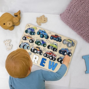 Puzzle z nazwami ciężarówek, Puzzle z potworami dla dzieci, Prezent urodzinowy, Drewniana zabawka dla maluchów, Prezent świąteczny dla chłopca, Baby Shower, Drewniane zabawki, Dekoracje do pokoju dziecięcego