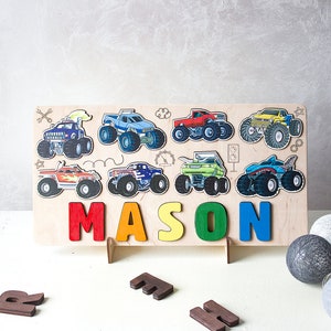 Kinder Monster Auto Puzzle, Geburtstagsgeschenk, Holz Kleinkinder Spielzeug, Weihnachtsgeschenk für Jungen, Baby-Dusche, Holz Montessori Spielzeug, Kinderzimmer Dekor Bild 6