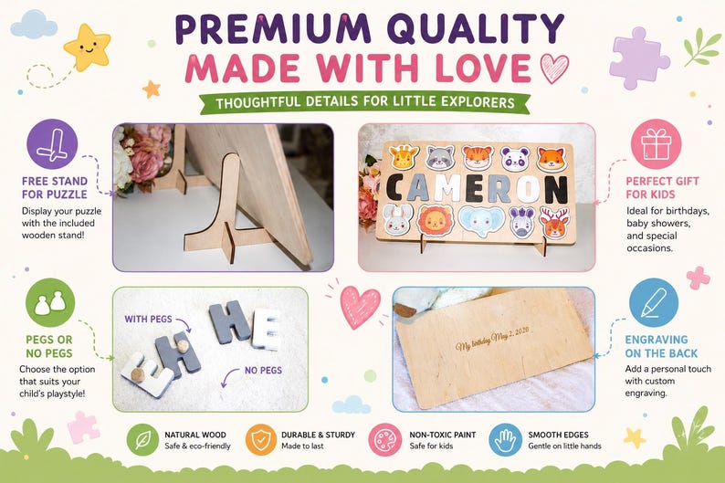 Op de afbeelding: Een houten naampuzzel met uitgesneden dierenfiguren en de naam CAMERON in blokletters. De set bevat een houten displaystandaard, optionele knoppen voor de letters en een achterpaneel met een persoonlijke gravure: My birthday May 2, 2020.