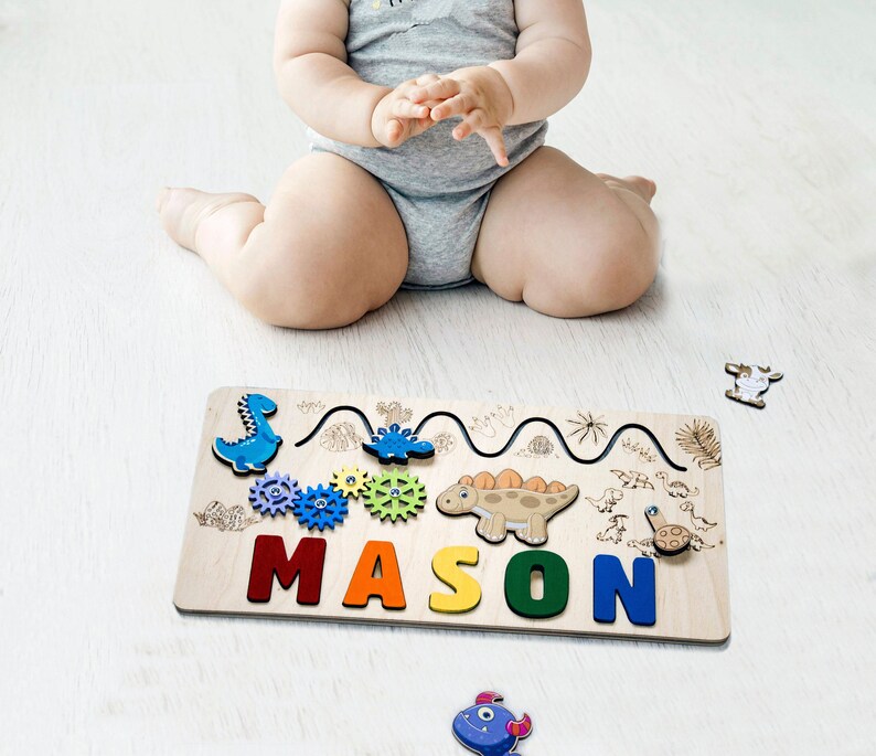 Dinosaur Montessori Puzzle Board, Personalized Baby Name Puzzle, Wooden Busy Board, Shower Gift, First Christmas Gift, Sensory Activity Toys image 2