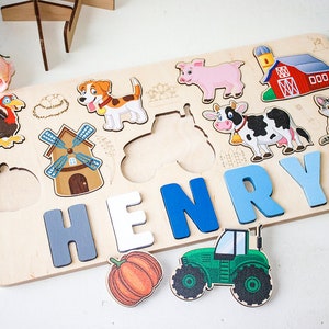 Farm Name puzzle, Christmas Gift, Personalized Birthday Gift for Toddlers, Wooden Animal Toys, New Baby Girl or Boy Gift, Child puzzle