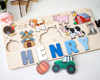 Farm Name puzzle, Christmas Gift, Personalized Birthday Gift for Toddlers, Wooden Animal Toys, New Baby Girl or Boy Gift, Child puzzle