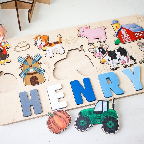 Farm Name puzzle, Christmas Gift, Personalized Birthday Gift for Toddlers, Wooden Animal Toys, New Baby Girl or Boy Gift, Child puzzle