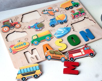 Car kids puzzle, Birthday gift for boy, Toddlers name puzzle with pegs, Baptism gift, New baby boy gift, Wood transportation toys