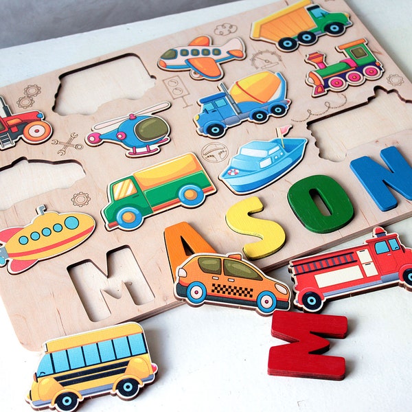 Car kids puzzle, Birthday gift for boy, Toddlers name puzzle with pegs, Baptism gift, New baby boy gift, Wood transportation toys
