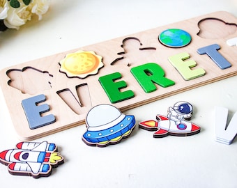 Gepersonaliseerde astronaut baby jongen cadeau Houten ruimte naam puzzel 1e 2e 3e verjaardagscadeau Educatief speelgoed planeten Aangepaste kinderen ruimteschip puzzel