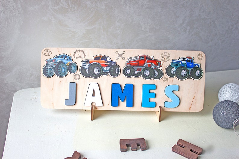 Kids Monster Car Puzzle, Birthday Gift, Wood Toddlers Toys, Christmas Gift for Boy, Baby Shower, Wood Montessori Toys, Nursery Decor image 8