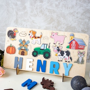 Toddlers Name Puzzle, Wooden Kids Puzzle, First Birthday Gift, Wood Animals Toys, Baby Shower, Wood Montessori Toys, Nursery Decor