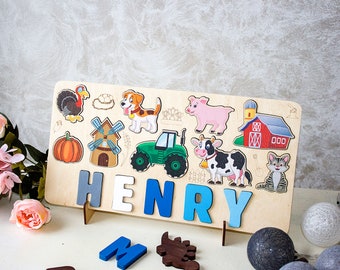 Toddlers Name Puzzle, Wooden Kids Puzzle, First Birthday Gift, Wood Animals Toys, Baby Shower, Wood Montessori Toys, Nursery Decor