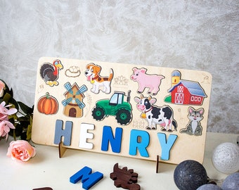 Kleinkinder Namen Puzzle, Holz Kinder Puzzle, Erstes Geburtstagsgeschenk, Holztiere Spielzeug, Babyparty, Holz Montessori Spielzeug, Kinderzimmer Dekor