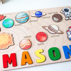Wooden space name puzzle Personalized solar system baby boy gift 1st 2nd 3rd Birthday gift Educational toy with planets Toddler name puzzle image 7