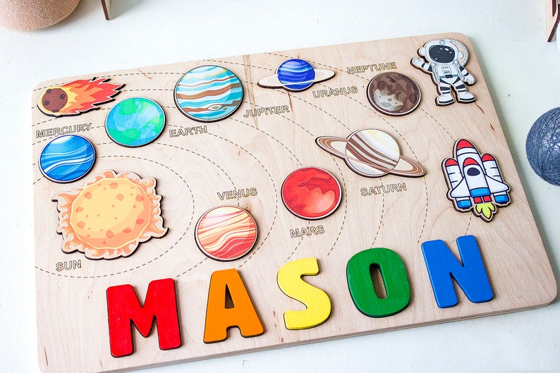 Wooden space name puzzle Personalized solar system baby boy gift 1st 2nd 3rd Birthday gift Educational toy with planets Toddler name puzzle image 7