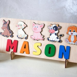 Personalized baby name puzzle Birthday personalized toddler gift Custom baby boy or girl gift Wooden animals puzzle