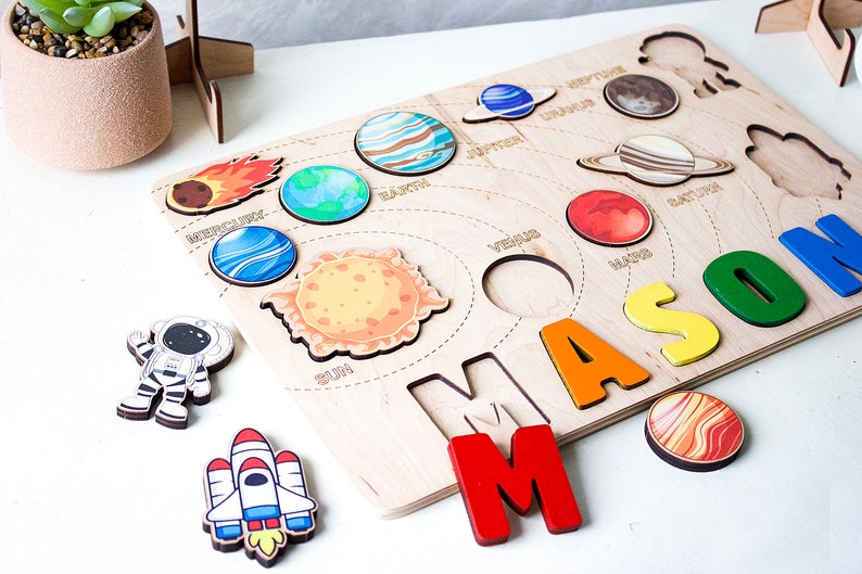 Wooden space name puzzle Personalized solar system baby boy gift 1st 2nd 3rd Birthday gift Educational toy with planets Toddler name puzzle image 8