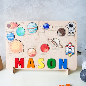 Solar System Baby Name Puzzles, Wooden Kids Space Puzzle, Children Birthday Gift, Space Theme Nursery Decor, Custom Gift For Baby Shower