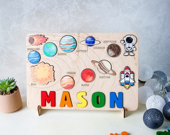 Solar System Baby Name Puzzles, Wooden Kids Space Puzzle, Children Birthday Gift, Space Theme Nursery Decor, Custom Gift For Baby Shower