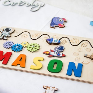 Dinosaur Montessori Puzzle Board, Personalized Baby Name Puzzle, Wooden Busy Board, Shower Gift, First Christmas Gift, Sensory Activity Toys image 4