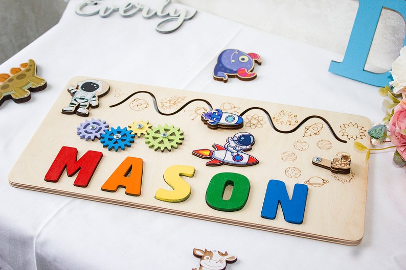 Dinosaur Montessori Puzzle Board, Personalized Baby Name Puzzle, Wooden Busy Board, Shower Gift, First Christmas Gift, Sensory Activity Toys image 4