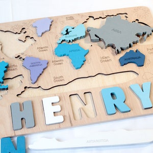 Wereldkaart naam puzzel, verjaardag babycadeau, Montessori speelgoed, houten wereldkaart, educatieve puzzel, gepersonaliseerde naam puzzel met pinnen