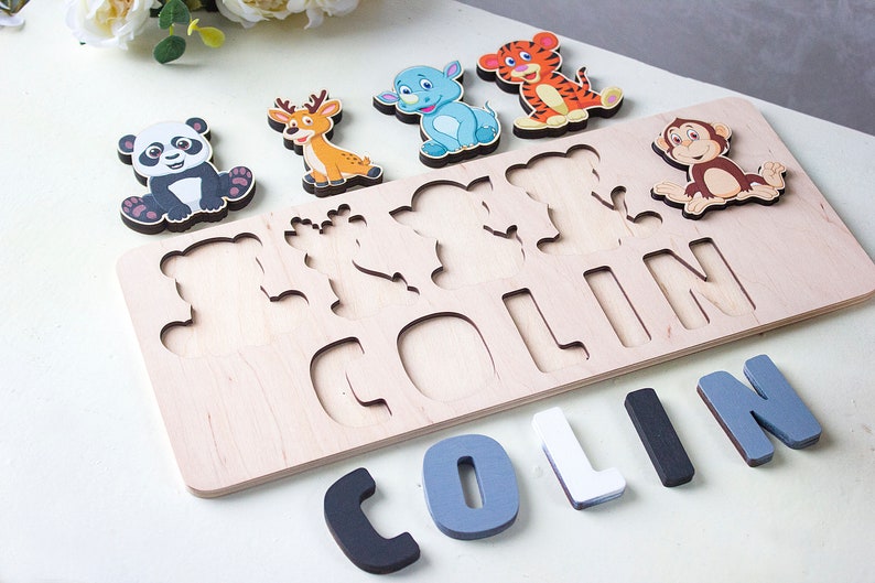 Personalized Safari Animals Name Puzzle, Wooden Baby Toy - Etsy